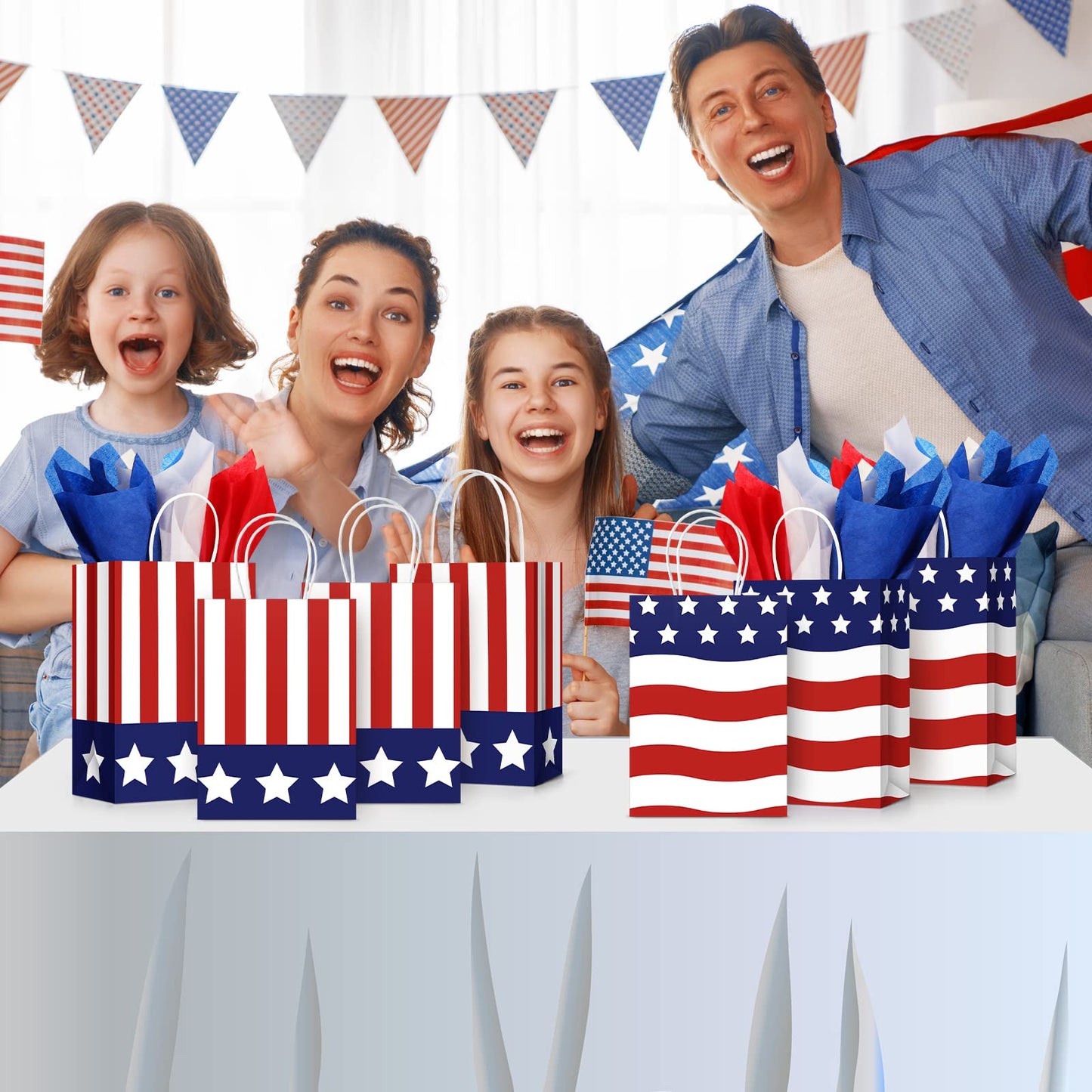 Tisancy 30 Pcs Patriotic Gift Bags with Handle with 30 Pcs Red White Blue Tissue Paper 4th of July American Flag USA Gift Bags for Veterans Memorial Day Independence Day(Classic Style)