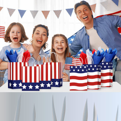 Tisancy 30 Pcs Patriotic Gift Bags with Handle with 30 Pcs Red White Blue Tissue Paper 4th of July American Flag USA Gift Bags for Veterans Memorial Day Independence Day(Classic Style)