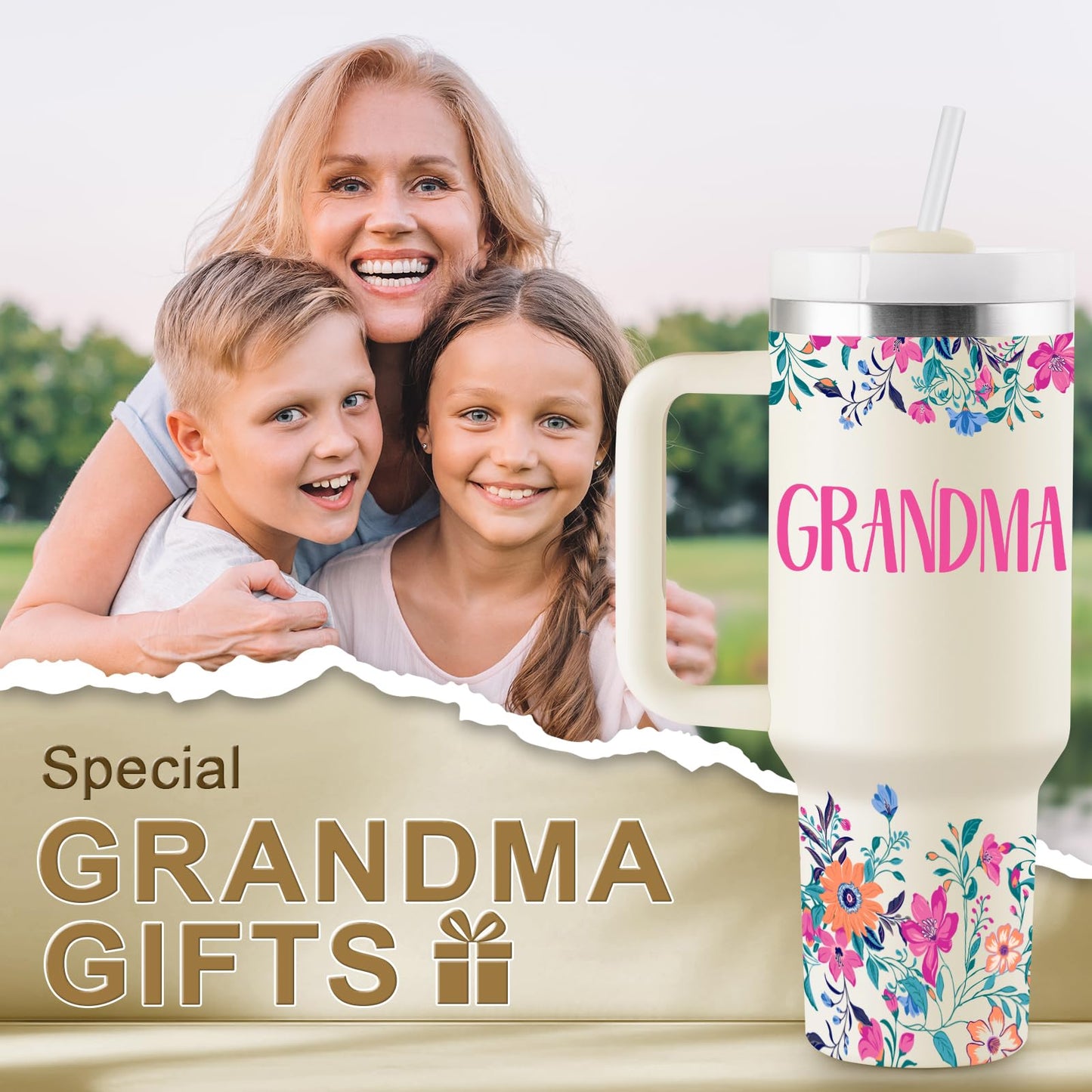 ROSTANTEN Grandma Gifts Birthday Gifts for Grandma Best Grandmother Gift from Granddaughter Grandson Grandkids for Mothers Day Christmas 40oz Travel Cup Insulated Tumbler with Lid & Straw