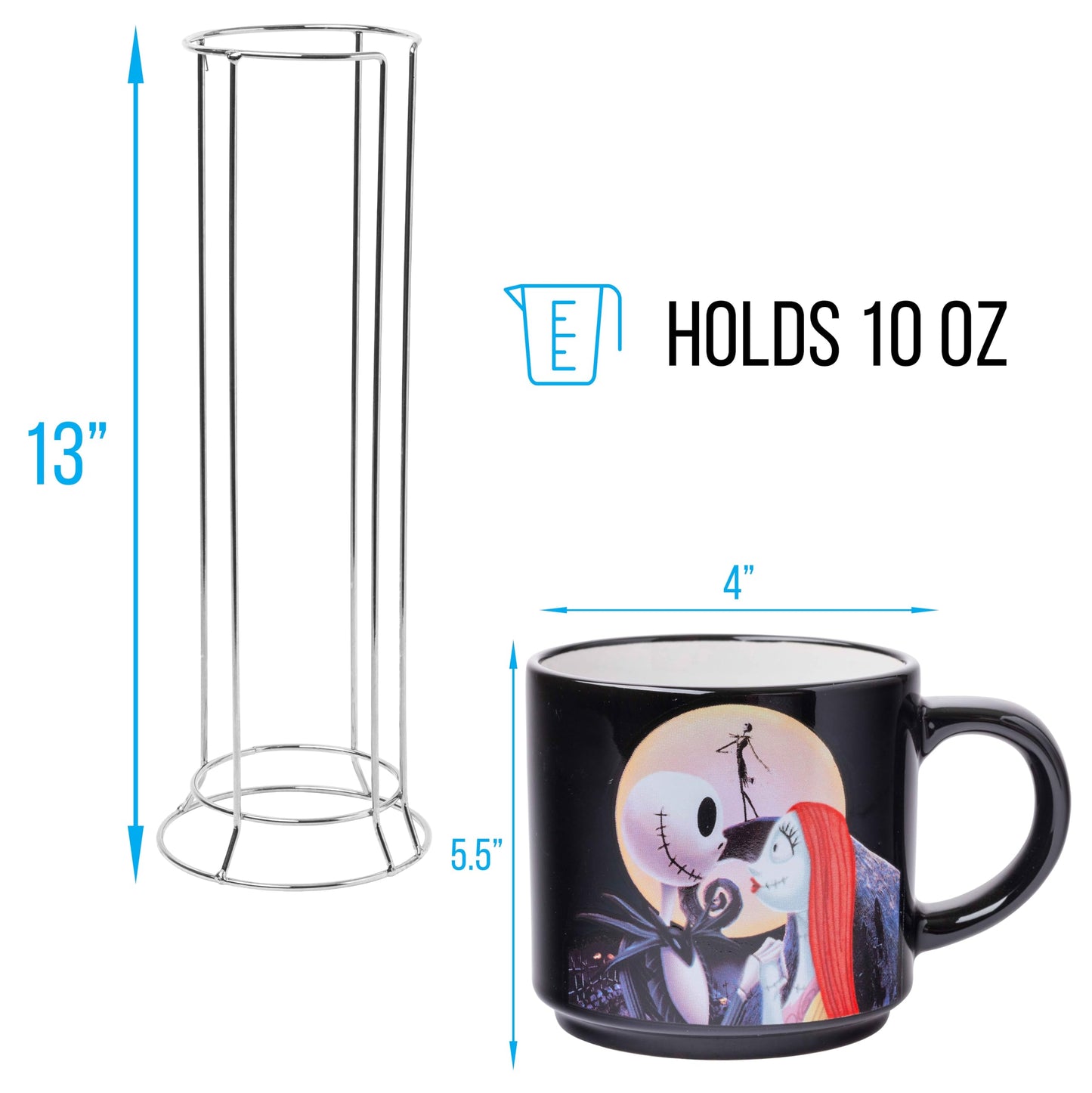 Silver Buffalo Nightmare Before Christmas Jack Sally Scene 4-Pack Ceramic Mug Stack, 10-Ounces, Nightmare Before Christmas 4-Pack Mug Stack, 5 Piece Set