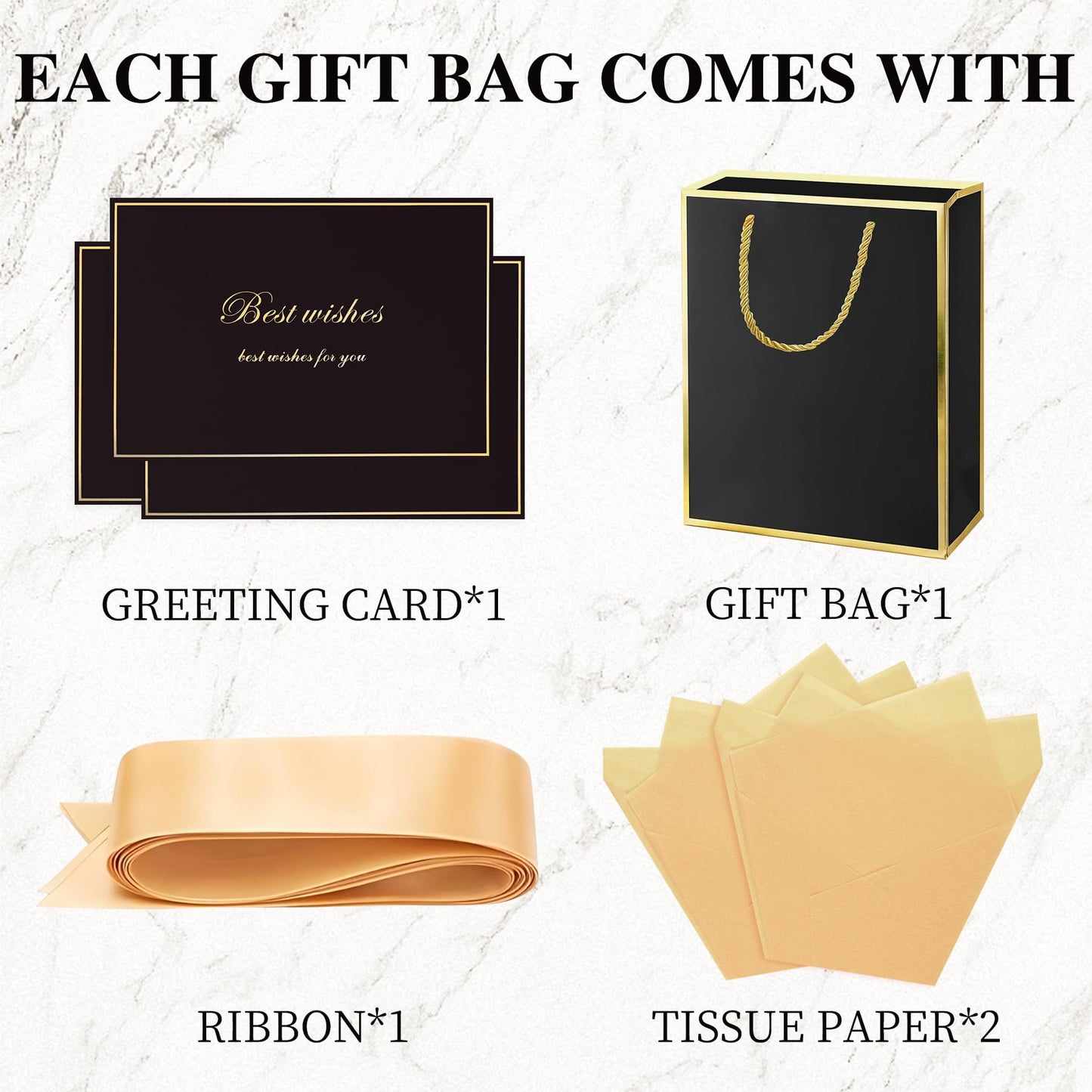 GEGIBOA Gift Bags 3 Pcs Medium Size Paper Gift Bags with Tissue Paper and Handles,Bow Ribbon and Greeting Cards, 8" x 5" x 10", Black