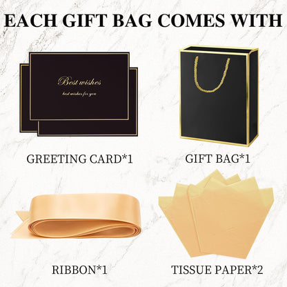 GEGIBOA Gift Bags 3 Pcs Medium Size Paper Gift Bags with Tissue Paper and Handles,Bow Ribbon and Greeting Cards, 8" x 5" x 10", Black
