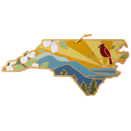 Totally Bamboo North Carolina State Shaped Cutting Board and Charcuterie Serving Platter with Artwork by Summer Stokes, Includes Hang Tie for Wall Display 18" x 8" x 5/8"
