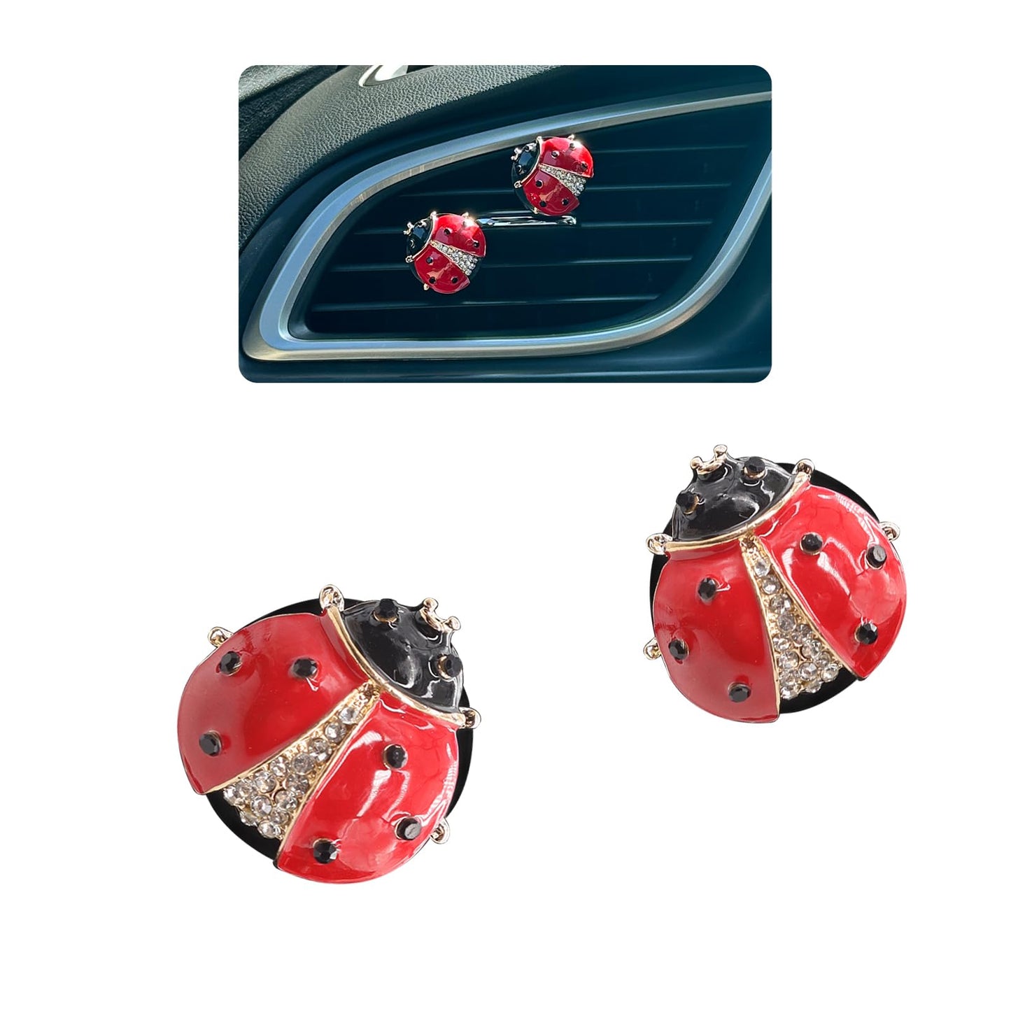 ORIESSE Ladybug Car Decor,2pcs Bling Lady Bug Air Vent Clips Car Air Freshener,Cute Red Car Accessories Gift for Women,Refillable Rhinestone Aroma Diffuser