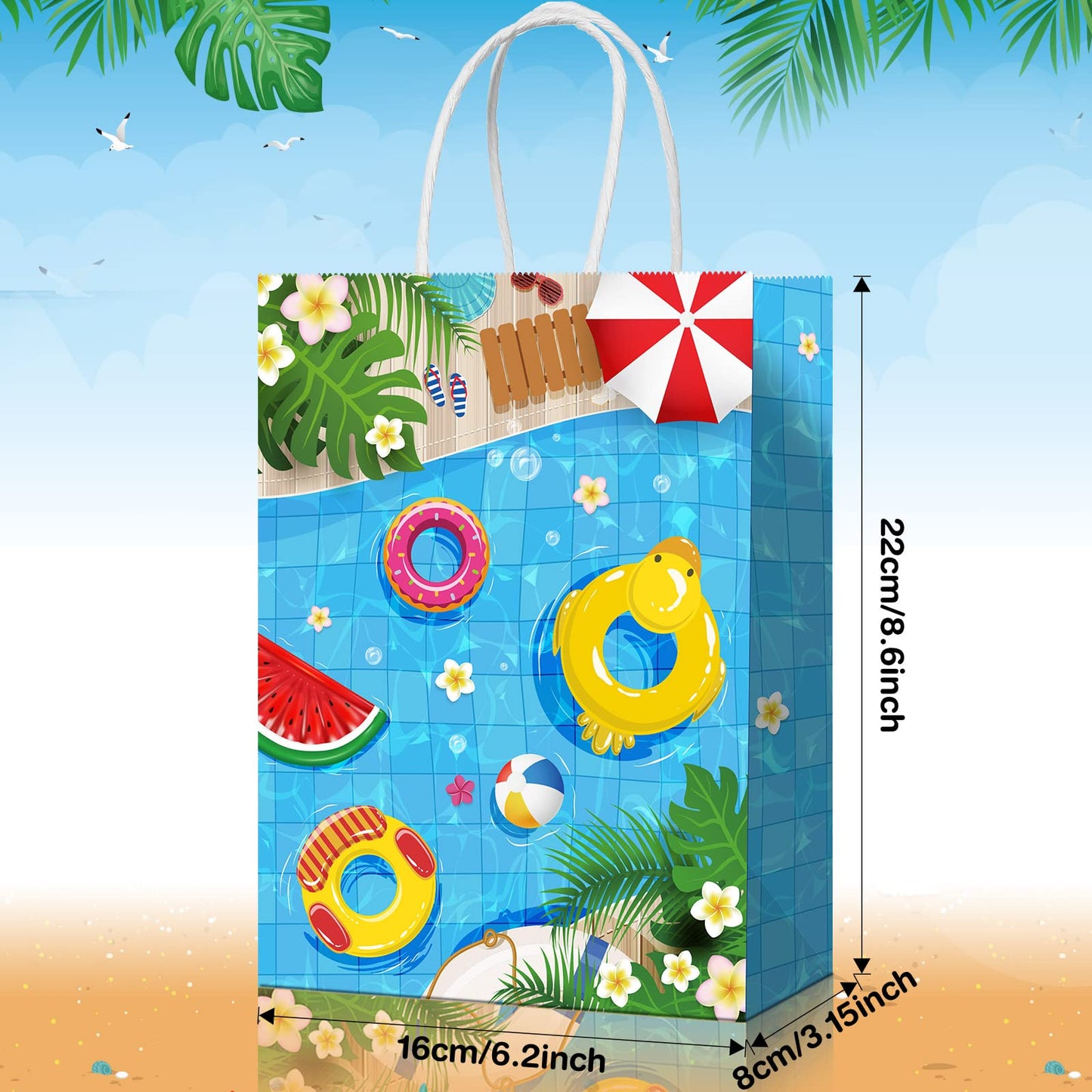 Pajean Beach Party Paper Bags, Summer Pool Goodie Candy Gift Treat Bags for Luau Tropical Beach Party Favors Supplies