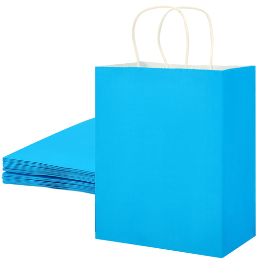 SUNCOLOR 25 Pack Blue Gift Bags with Handles, 8x4.5x10 Inch Medium Kraft Paper Bags for Shopping, Party Favors, Baby Showers, Retail