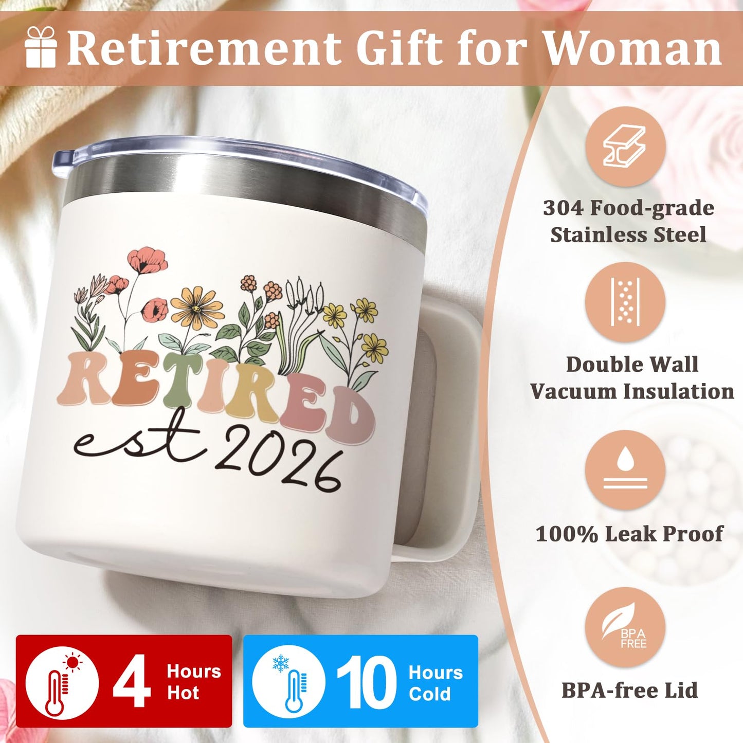 Lifecapido Retirement Gift for Woman, Retirement Gifts for Women 2026, 14oz Insulated Coffee Mug with Bookmark, Retired Birthday Gifts for Women Mom Grandma Teacher Nurse Coworkers