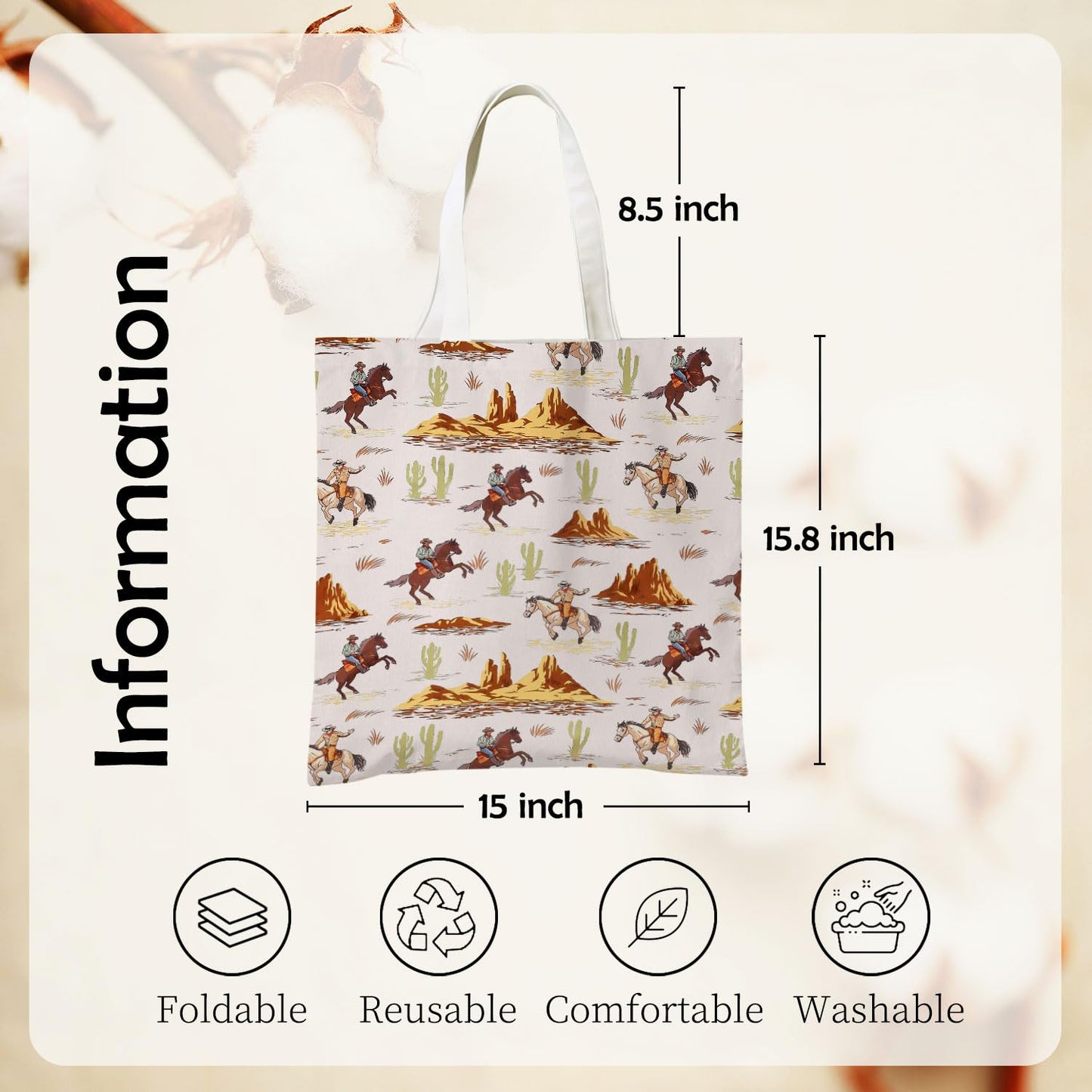 Western Cowboy Cowgirl Tote Bag, Rustic Country Canvas Tote Bags, Reusable Grocery Shopping Bag