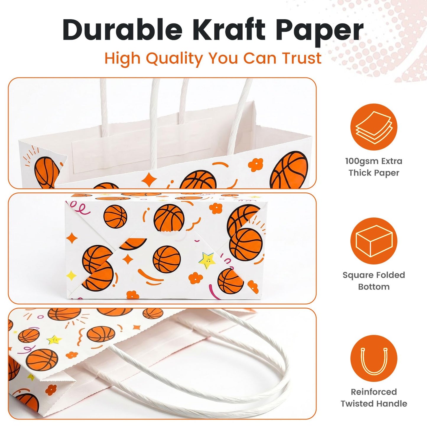 VGOODALL 16 Pack Gift Bags, 5.5" x 2.8" x 8" Basketball Party Favor Bags with Handles for Sports Theme Birthday Party Supplies