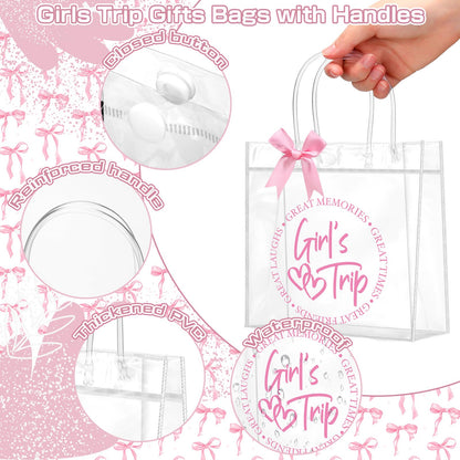 Vicenpal 12 Sets Clear Girls Trip Gift Bags with Handles 12 Pcs Pink Bows PVC Plastic Spa Party Treat Goodie Snack Bags for Birthday Slumber Bachelorette Weekend Party Favors, 7.9 x 7.9 x 3.1''