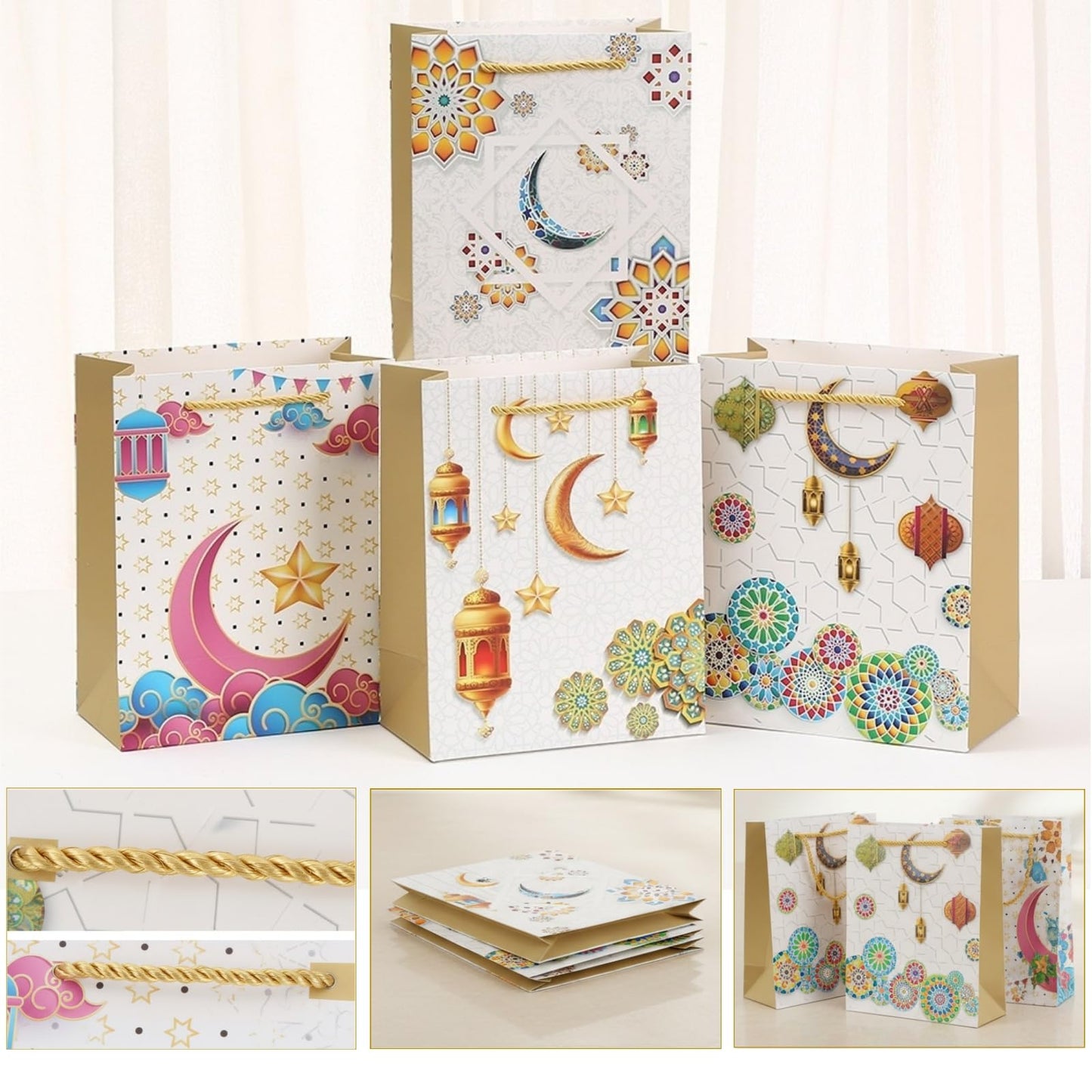 YVAINE 12pcs Ramadan Mubarak Gift Bags with Handles - Reusable Kraft Paper Treat Bags 8.3x5.9x3.1 Inches, 4 Assorted Islamic Designs with Stars, Moon, Mosque & Lanterns for Eid Mubarak Party Supplies, Gift