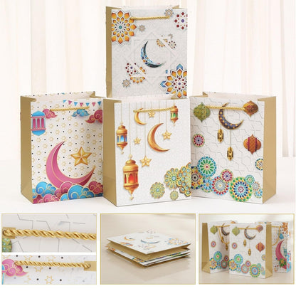 YVAINE 12pcs Ramadan Mubarak Gift Bags with Handles - Reusable Kraft Paper Treat Bags 8.3x5.9x3.1 Inches, 4 Assorted Islamic Designs with Stars, Moon, Mosque & Lanterns for Eid Mubarak Party Supplies, Gift