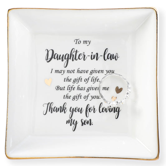 HOME SMILE Mothers Day Gifts for Daughter in Law Ceramic Ring Jewelry Dish Tray Plate for Birthday Christmas Valentines Wedding-Thank You for Loving My Son