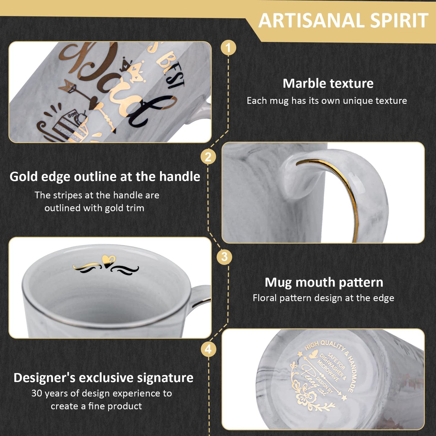 Fathers Day Birthday Gifts Presents for Dad from Daughter Son - World's Best Dad - Funny Daddy Mug with Gold Print, 14Oz Grey Marble Ceramic Coffee Cup, with Lid Spoon Greeting Card, Nice Gift Boxed