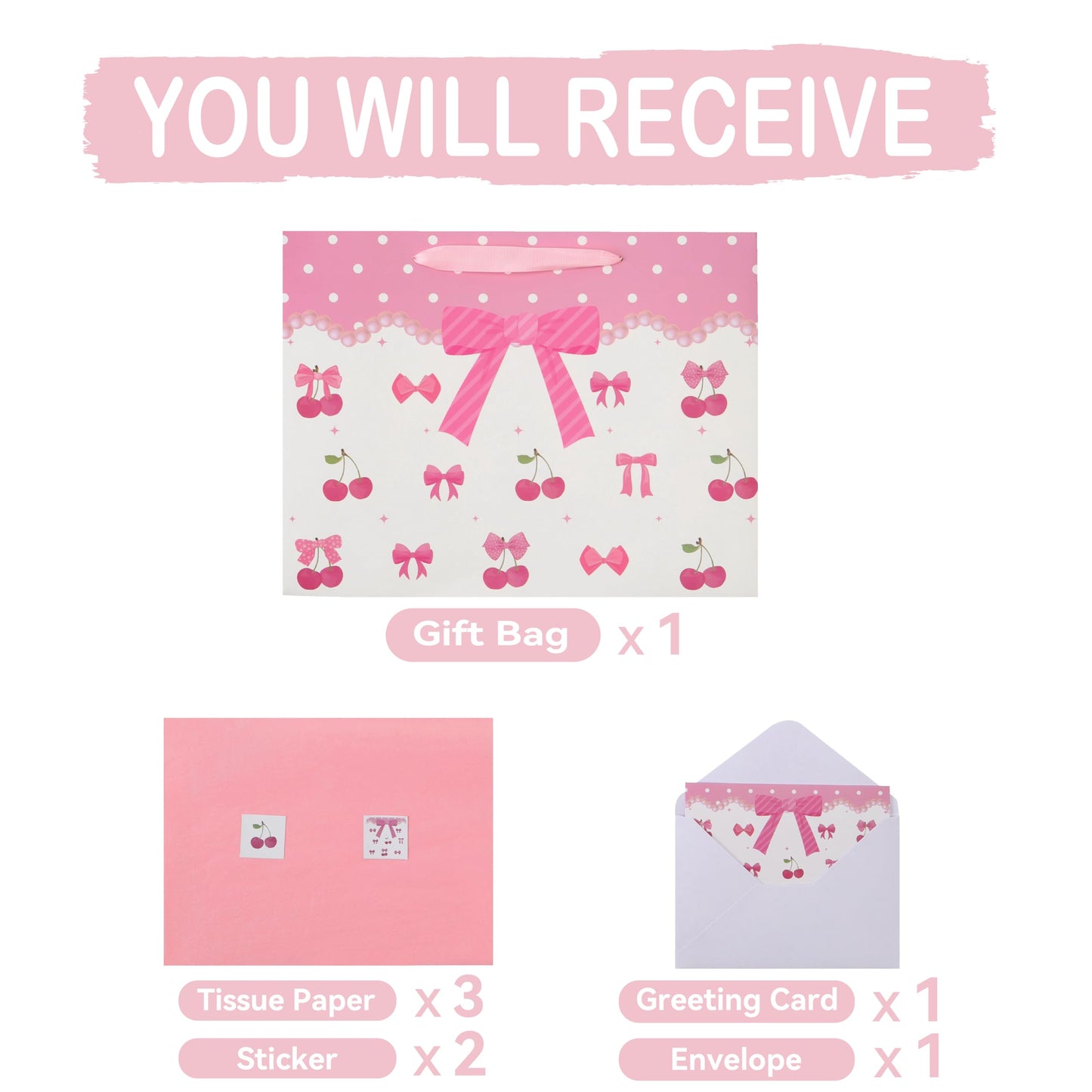 13'' Large Red Bow Gift Bag Set with Handles, Greeting Card, Pink Tissue Papers and Stickers for Women Girls for Birthday, Wedding, Bridal Shower, Baby Shower, Red Bow Design, 1 Pcs