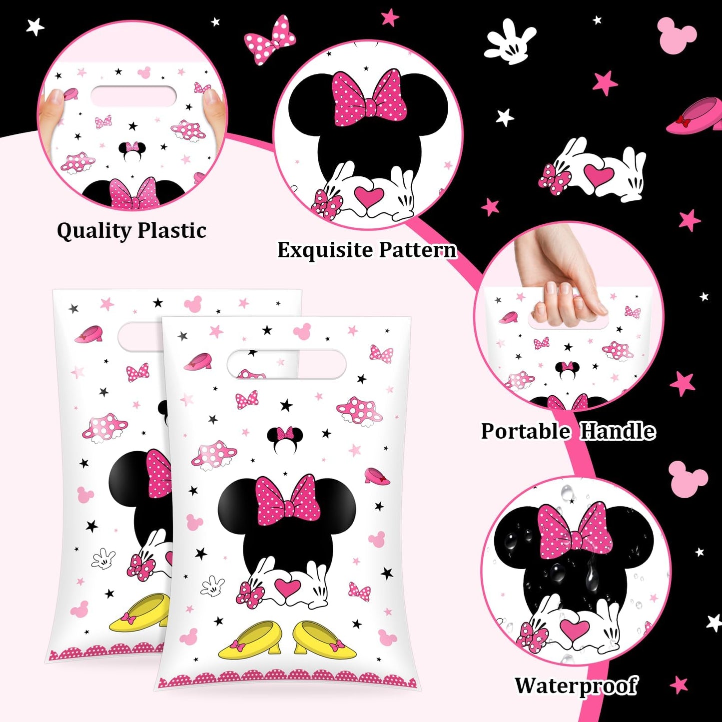 50 Pieces Pink Mouse Small Party Favor Bags Cute Mouse Head Birthday Plastic Gift Treat Bags for Kids Girls Pink Birthday Candy Snack Bag Baby Shower Party Supplies