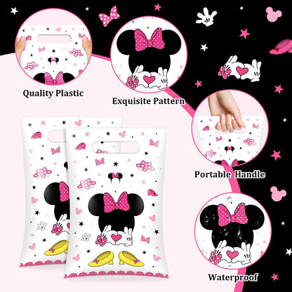 50 Pieces Pink Mouse Small Party Favor Bags Cute Mouse Head Birthday Plastic Gift Treat Bags for Kids Girls Pink Birthday Candy Snack Bag Baby Shower Party Supplies