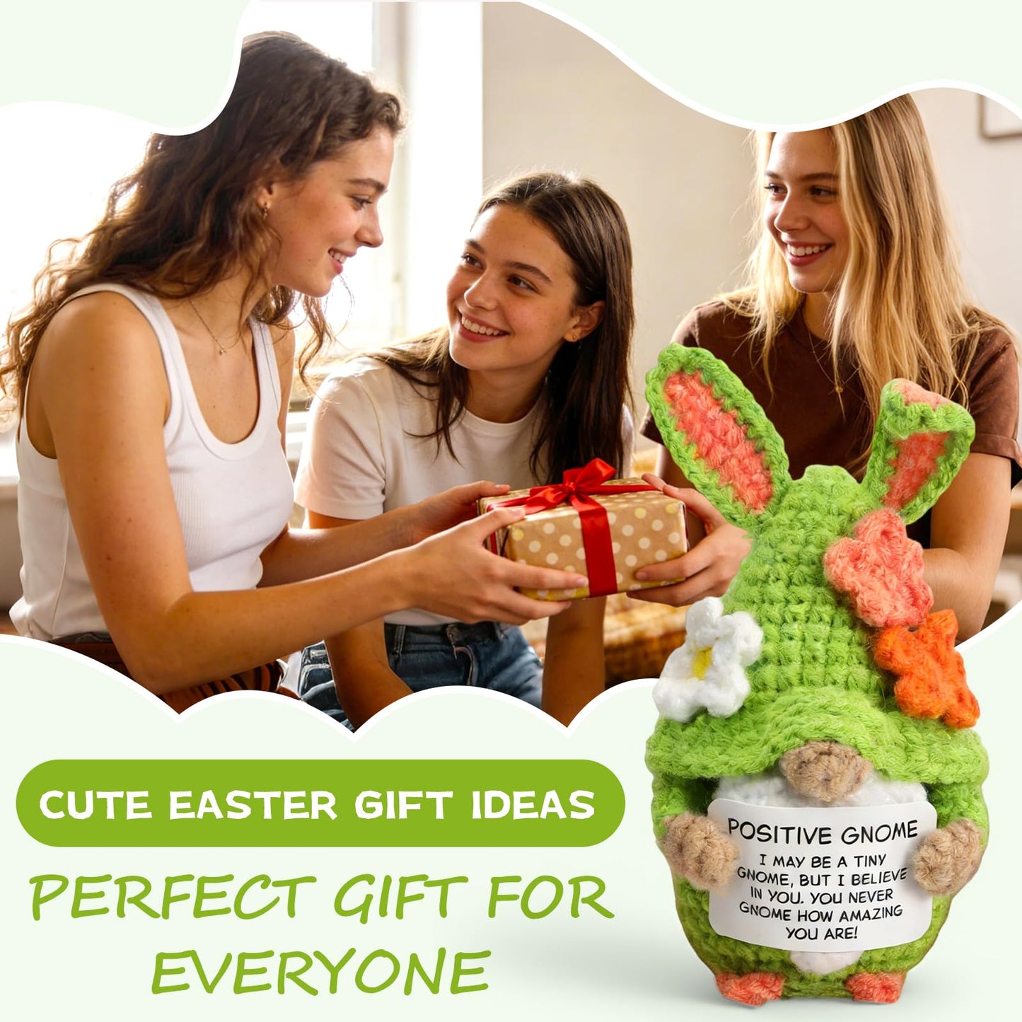 Easter Positive Gnome, Crochet Gnome, Emotional Inspirational Support Knitted Doll, Easter Basket Stuffer, Inspirational Gnome Gifts for Women