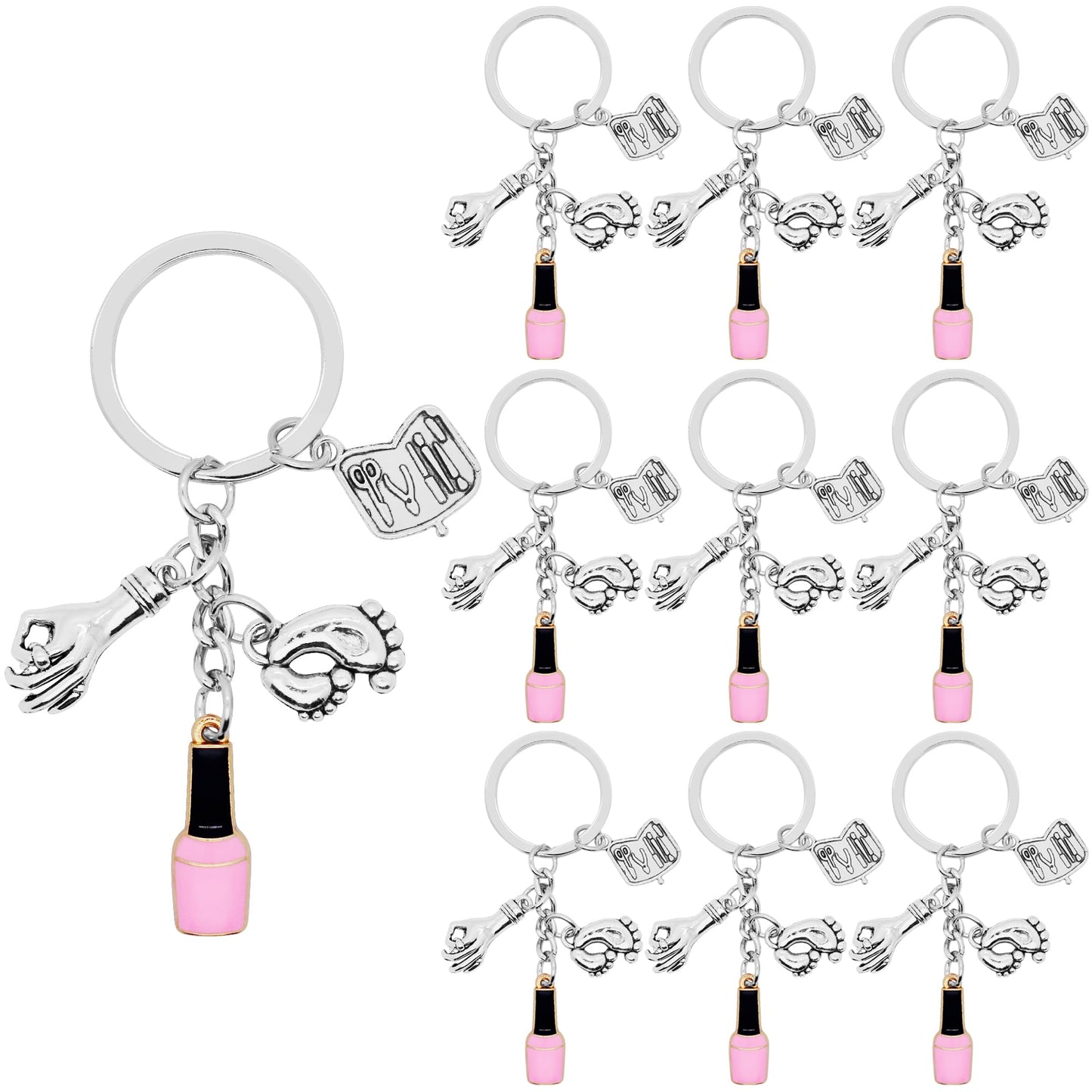 10Pcs Manicure Keychain Alloy Nail Polish Manicure Tool Hands and Feet Charm Keyrings for Manicurist Nail Stylist Nail Technician Gifts or Beauty Lovers