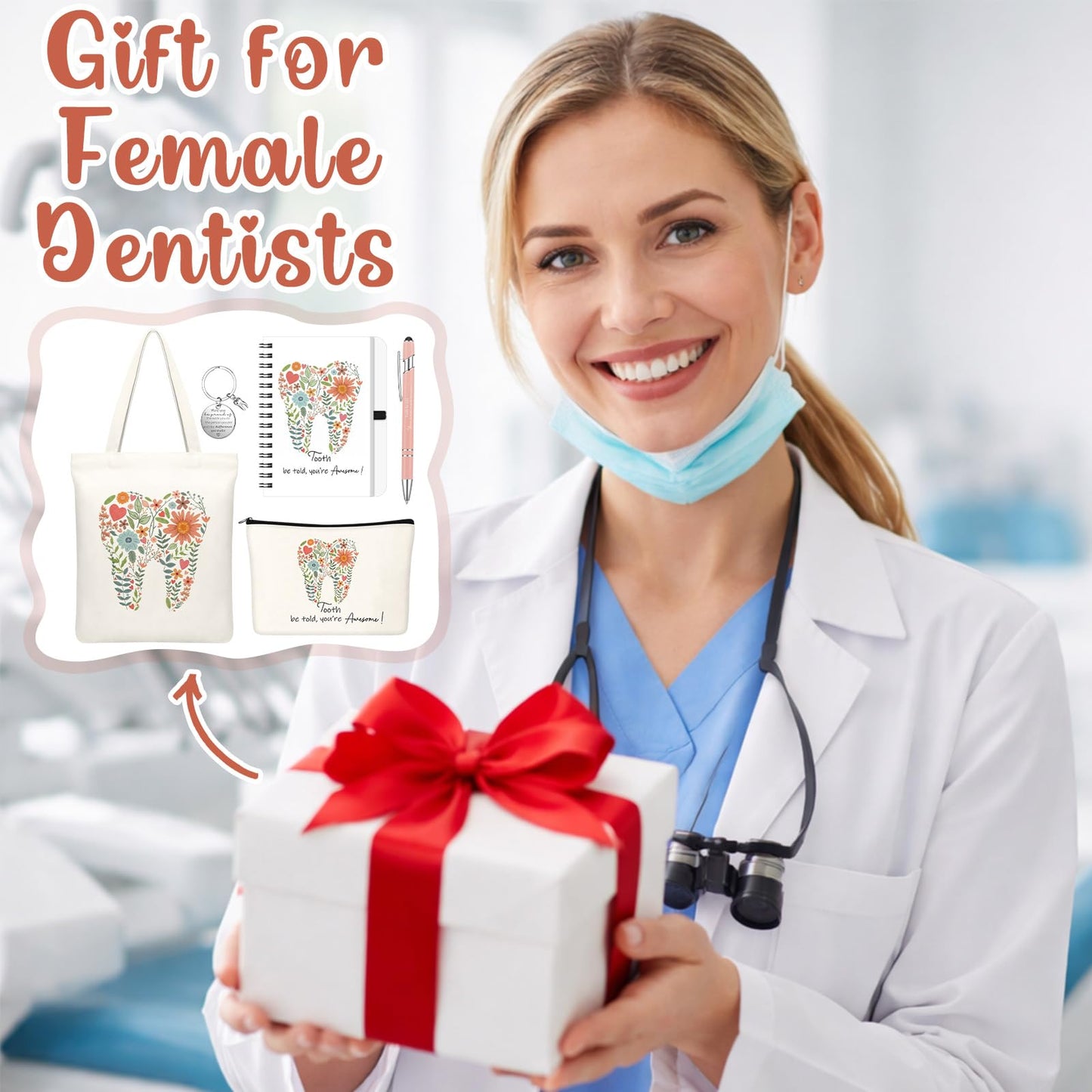 Kinlop 5 Pcs Floral Tooth Dental Gift Set for Women Include Tote Bag Canvas Cosmetic Bag Coil Notebook Keychain and Ballpoint Pen for Women Girls