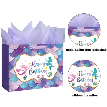 16.5" Large Mermaid Happy Birthday Gift Bag with Handle, Tissue Paper and Card for Kids Girls (16.5in Purple)