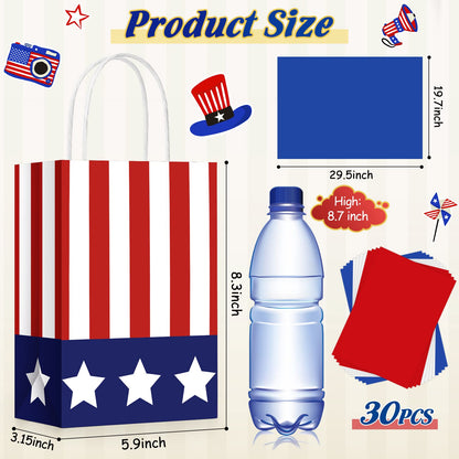 Tisancy 30 Pcs Patriotic Gift Bags with Handle with 30 Pcs Red White Blue Tissue Paper 4th of July American Flag USA Gift Bags for Veterans Memorial Day Independence Day(Classic Style)