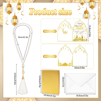 HOWAF Eid Gifts Set with Mosque Shape Card & Prayer Beads, Ramadan Mubarak Greeting Card with Envelope and Ramadan & Eid Pearl Zikirmatic Beads with Box, Islamic Present for Women, Muslim Celebration Gift Set