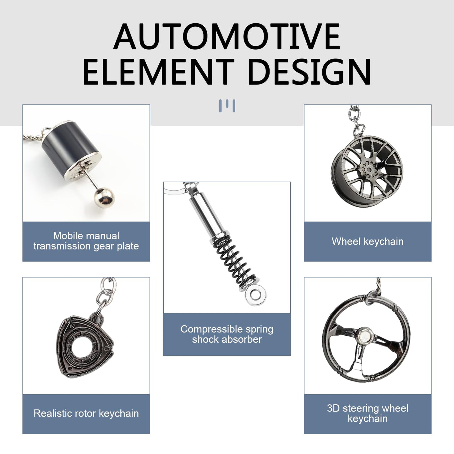 WZP 5PCS Car Keychains, Metal Car Parts Model Key Chain Kit, Steering Wheel, Tire Rim, Spring, Manual Transmission, Rotor Engine Keychain, Para Carros for Auto Lover Christmas Graduation Guy Gifts