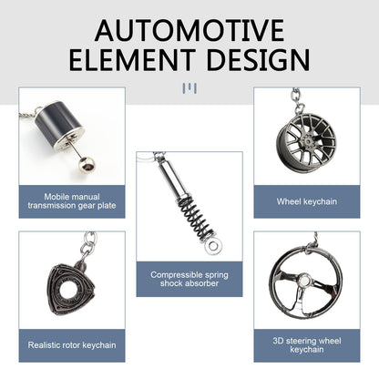 WZP 5PCS Car Keychains, Metal Car Parts Model Key Chain Kit, Steering Wheel, Tire Rim, Spring, Manual Transmission, Rotor Engine Keychain, Para Carros for Auto Lover Christmas Graduation Guy Gifts