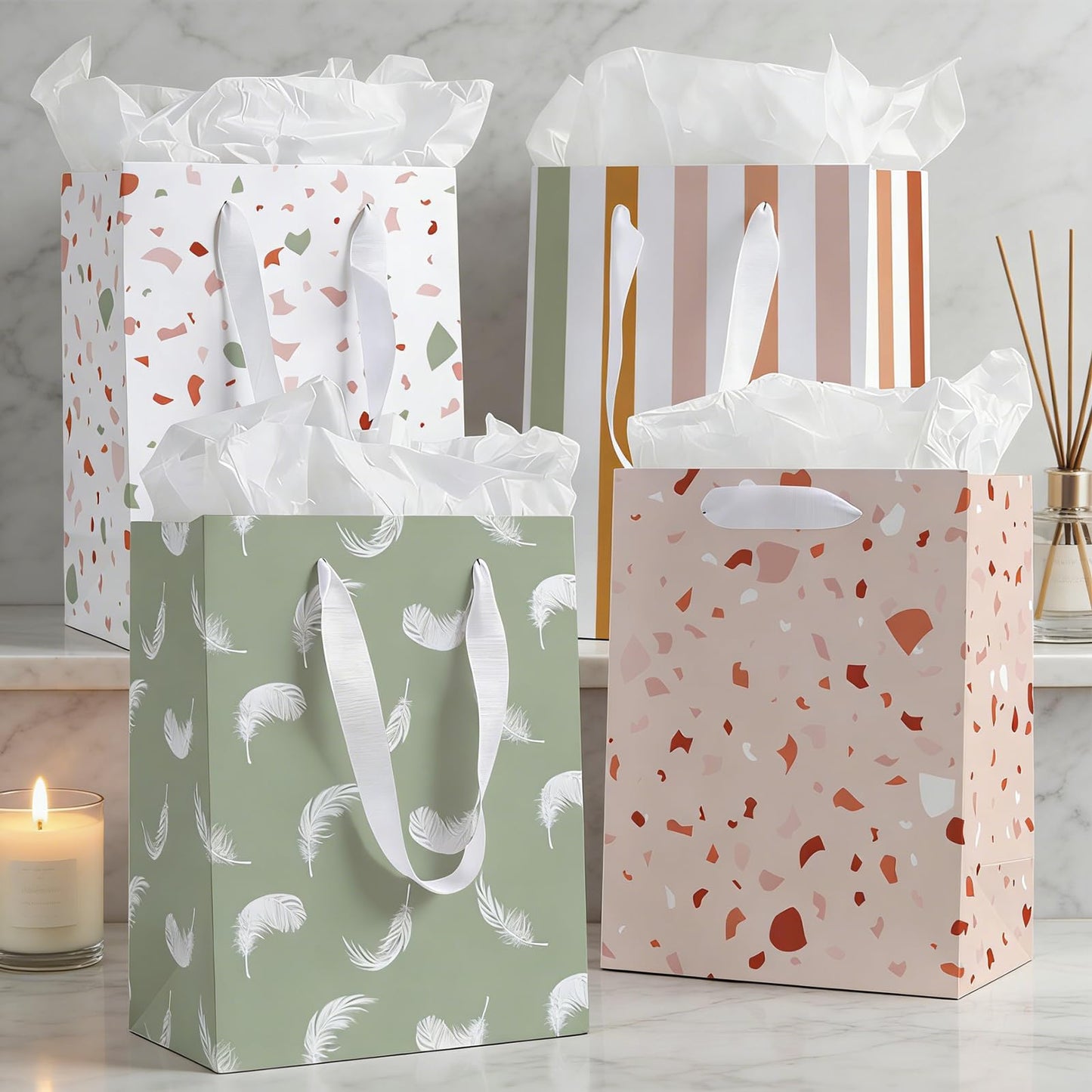 Beautiful Gift Bags Set of 4, Small Birthday Gift Bag with Ribbon Handle Matching Tissue Paper for Men Women Birthday Baby Shower Weddings Mothers Day Party Favor Holiday Presents-7" X 4" X 9"