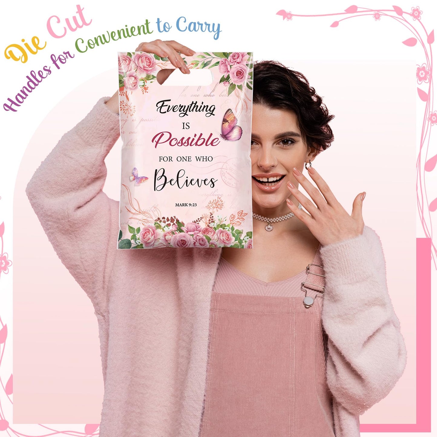 Pajean 100 Pcs Christian Gift Bags Mother's Day Floral Bible Verse Plastic Bags with Handles Religious Party Favor Pouch Inspirational Flower Candy Goodie Pouch for Women Wedding Church Gifts Supply