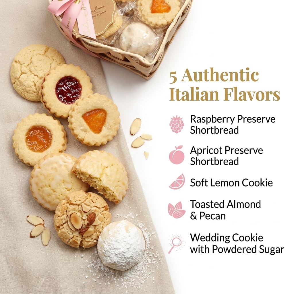 Romantic Mother's Day Cookie Gift Basket For Mom, Heart Shaped Assortment Of 5 Italian Style Flavors, Individually Wrapped 16 Ounce Bakery Treats With Coffee And Tea Pairing