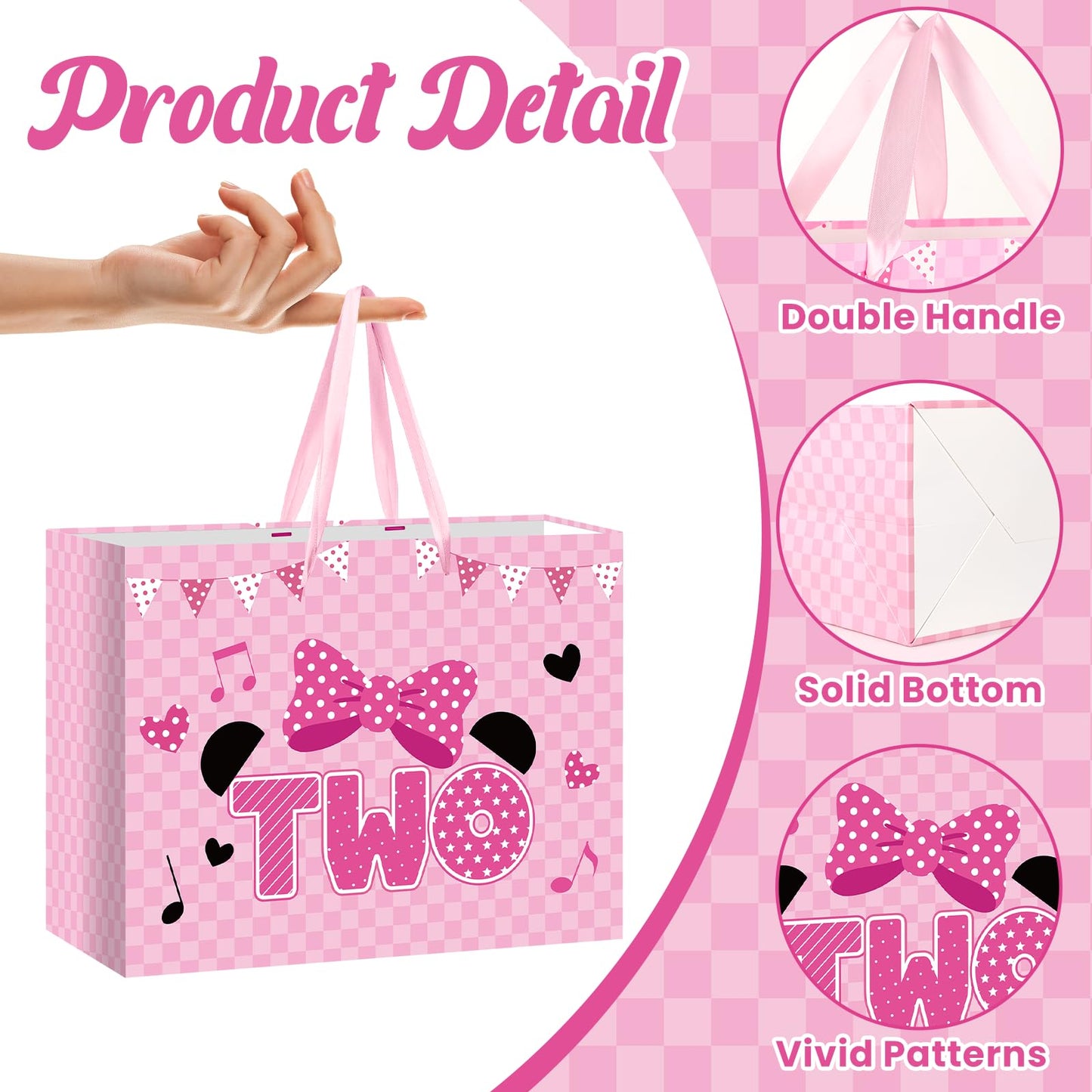 Cartoon Mouse 2nd Birthday Gift Bag Pink Mouse 2nd Birthday Bag with Tissue Paper and Card Pink Plaid Bow Two Years Old Gift Wrapping Paper Bags for Baby Girls Shower Princess 2 Year Old Party Decor