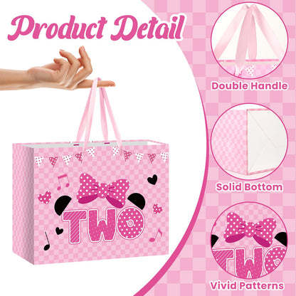 Cartoon Mouse 2nd Birthday Gift Bag Pink Mouse 2nd Birthday Bag with Tissue Paper and Card Pink Plaid Bow Two Years Old Gift Wrapping Paper Bags for Baby Girls Shower Princess 2 Year Old Party Decor