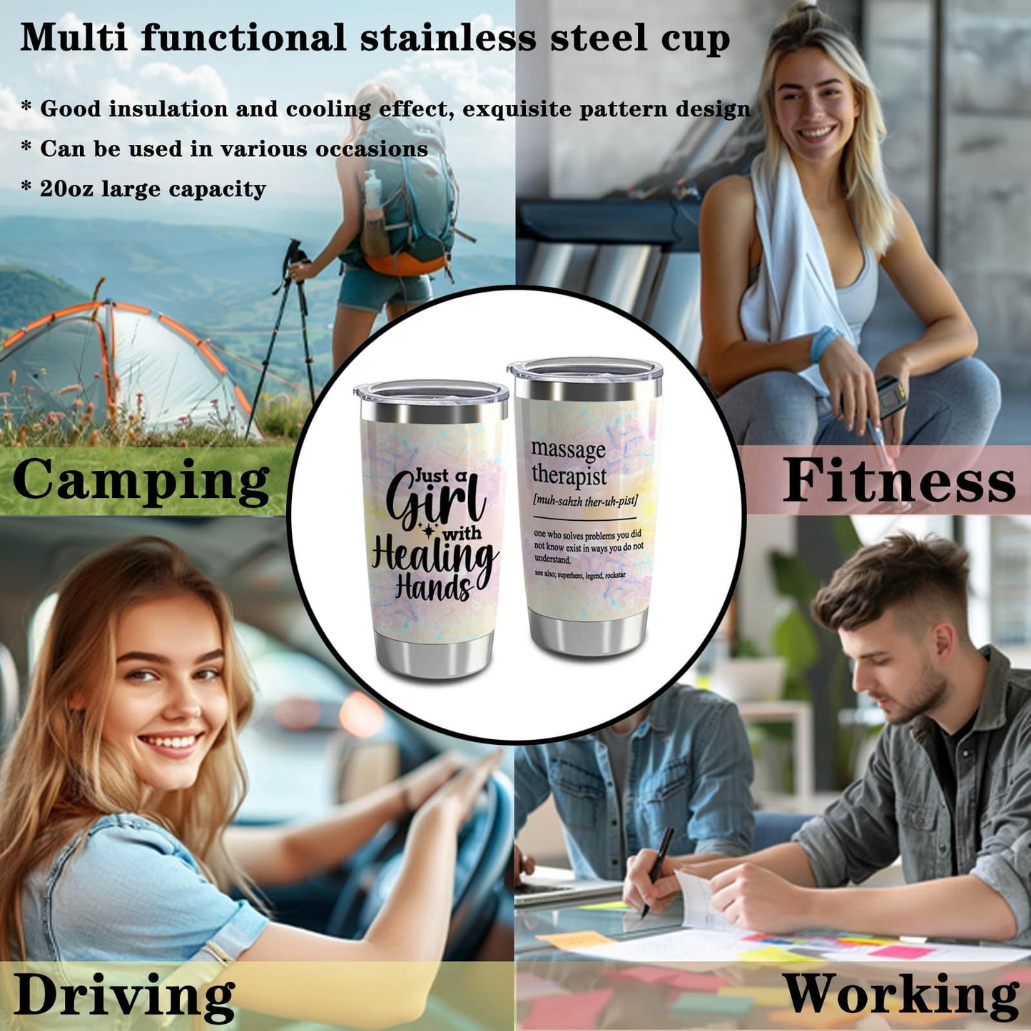 Massage Therapist Gifts Massage Therapist Definition 20oz Stainless Steel Insulated Tumbler with Lid and Straw Just a Girl with Healing Hands (Girl with Healing Hands)
