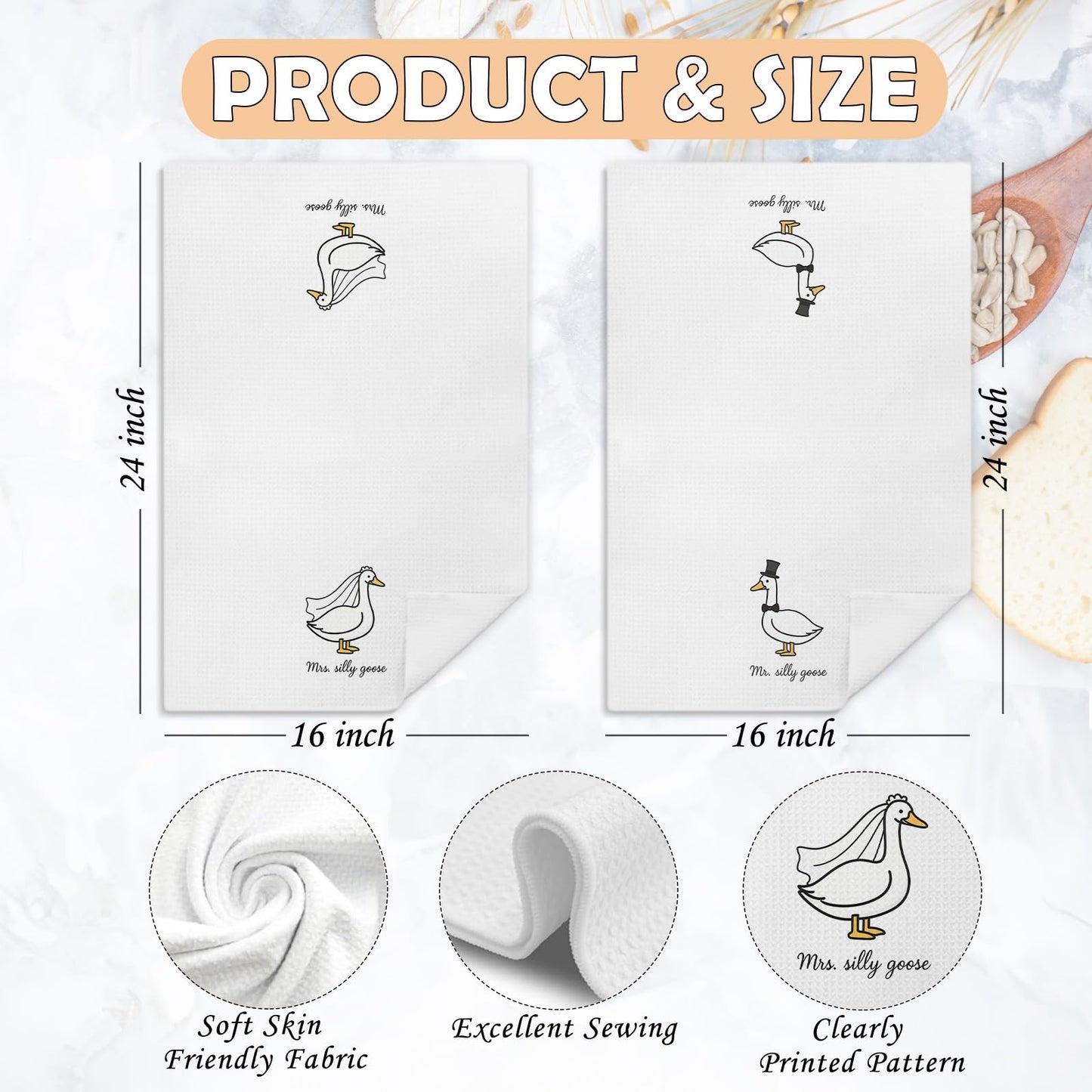 Funny Mr and Mrs Silly Goose Kitchen Towels, Wedding Gifts for Couples Newlyweds Dish Tea Towels for Kitchen Decor, Just Married Gifts Decorative Hand Towels for Bathroom, 16x24 Inch Set of 2