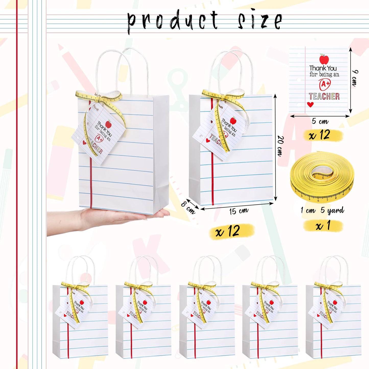 Gilprop 12 Pcs Teacher Appreciation Gift Bags with Paper Tag Thank You Teacher Gift Bags with Handle End of Year Gifts with Tape Measure Ribbon for Graduation Party Favor(Notebook,White)