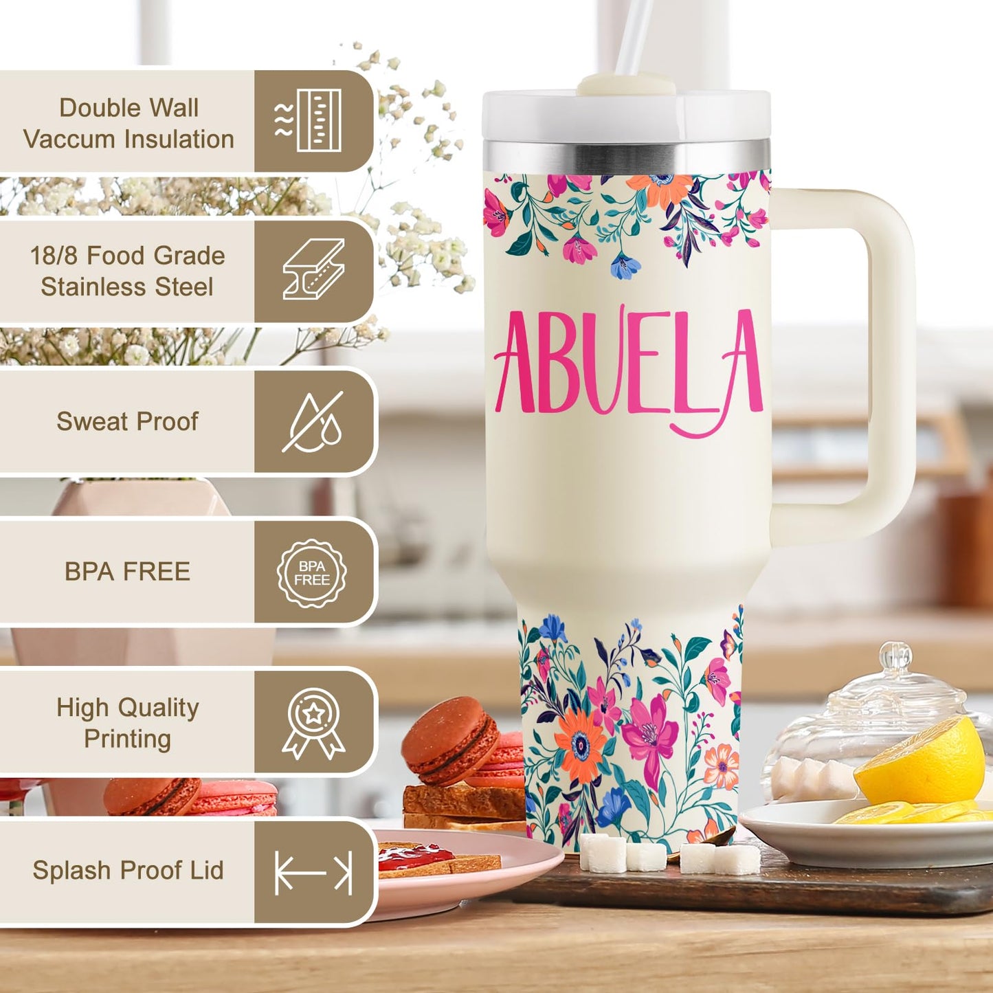 ROSTANTEN Abuela Gifts - Abuela Birthday Gifts in Spanish from Grandkids - Regalos Para Abuela - Abuela Mothers Day Gift - 40oz Travel Cup Insulated Tumbler with Lid & Straw