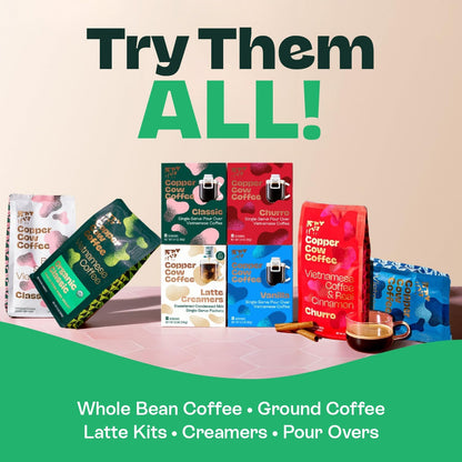 Copper Cow Coffee Vietnamese Pour Over Variety Pack, 5 Pack | 0.4 oz Each | Classic Black, Churro, Vanilla & Salted Caramel | Dark Roast Robusta | No Artificial Flavors | As Seen on Shark Tank