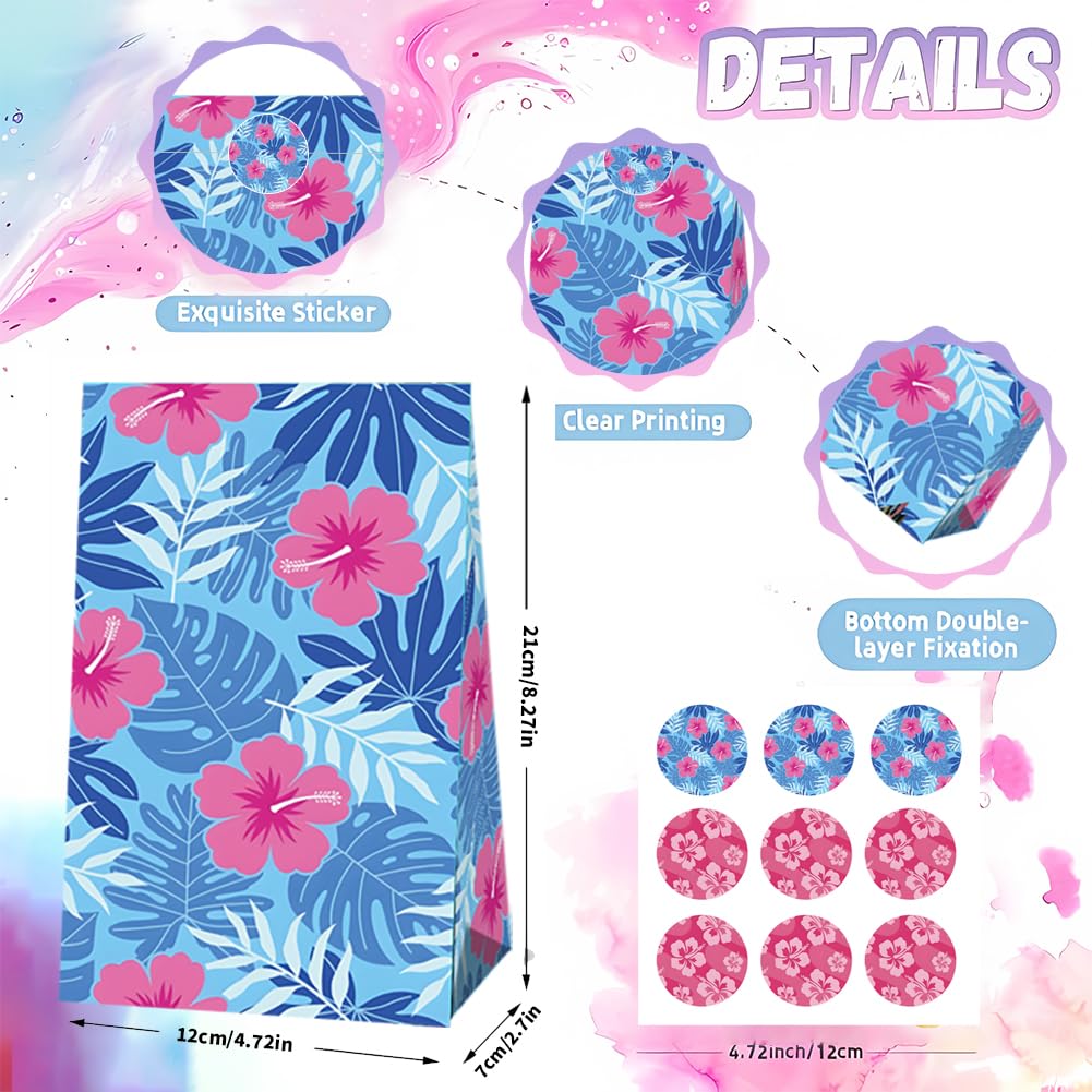24 Pcs Cute Cartoon Pink Blue Hibiscus Party Gift Bags with Stickers Hawaiian Party Favors Paper Goodie Bags for Hawaiian Tropical Birthday Supplies(24Pcs-bags)