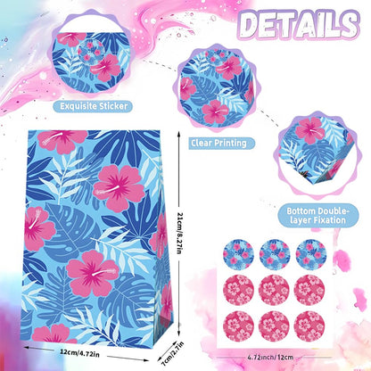 24 Pcs Cute Cartoon Pink Blue Hibiscus Party Gift Bags with Stickers Hawaiian Party Favors Paper Goodie Bags for Hawaiian Tropical Birthday Supplies(24Pcs-bags)