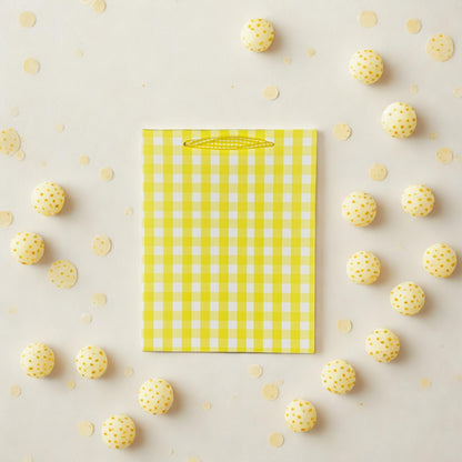 10-Pack 250g Kraft Paper Gift Bags with Checkered Pattern & Twine and tissues paper - Vintage Design, Grid Handle Bags for Wedding, Party Favors, Retail Packaging (9.1x7.1x3.9 Inches) (Yellow)
