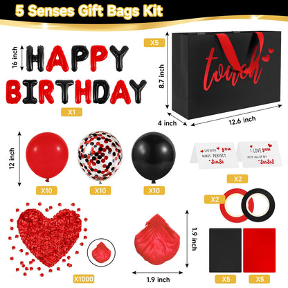 Addblu 5 Senses Gift Bags for Him with Labels Tissue Paper And Handles, 12.6"X8.7"X4" Includes Birthday Decoration Banner, Balloons, Rose Petals & Cards for Him or Her, Husband or Boyfriend (Black with red lettering)