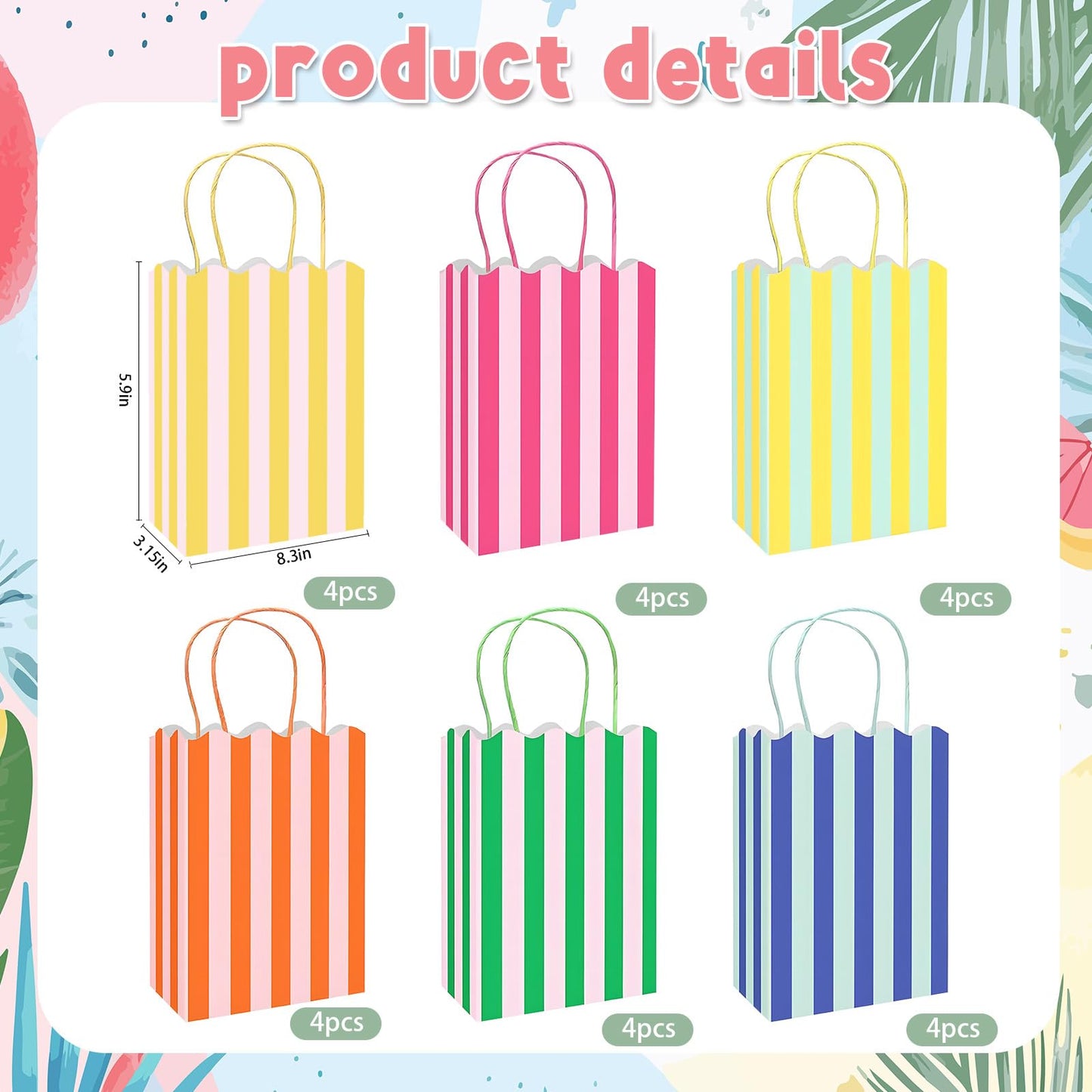 YQUQWN 24Pcs Colorful Stripe Goodie Bags, Scalloped Treat Bags with Handles Summer Gift Bags for Summer Birthday Wedding Party Favors Supplies