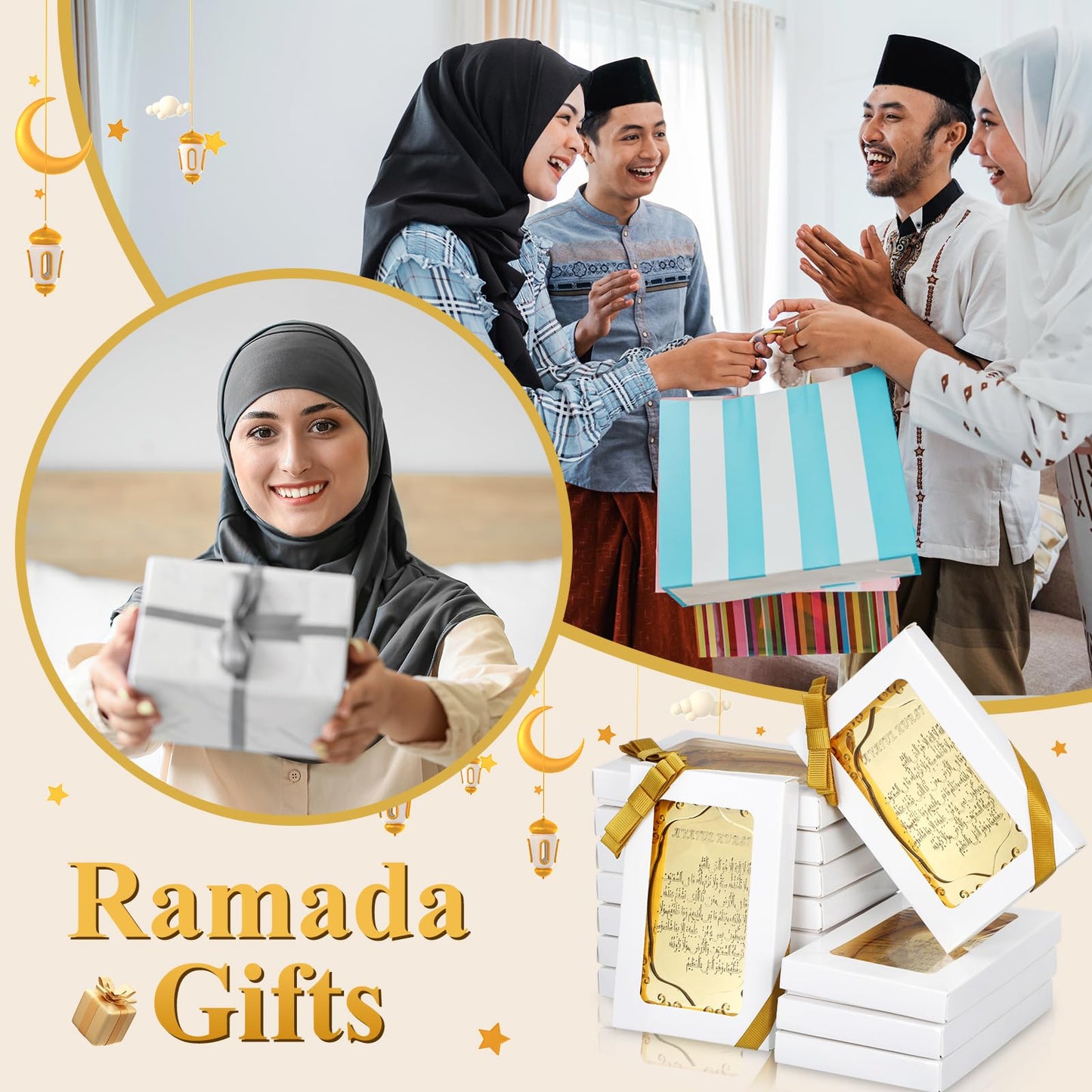 Yinkin 12 Pcs Eid al-Adha Gifts for Women Ayatul Kursi Islamic Party Favors Gifts Ramadan Muslim Wedding Table Art Room Party Decoration with Clear Stand and Gift Boxes (Gold)
