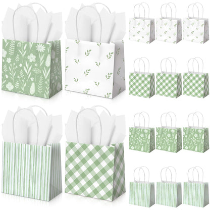 Silkfly 24 Pack Mini Sage Green Gift Bags with Handles & Tissue Paper Small Spring Floral Flower Candy Goodie Bag for Women Baby Shower Tea Party Bridesmaid Birthday Wedding Supplies, 5x5x3 Inch