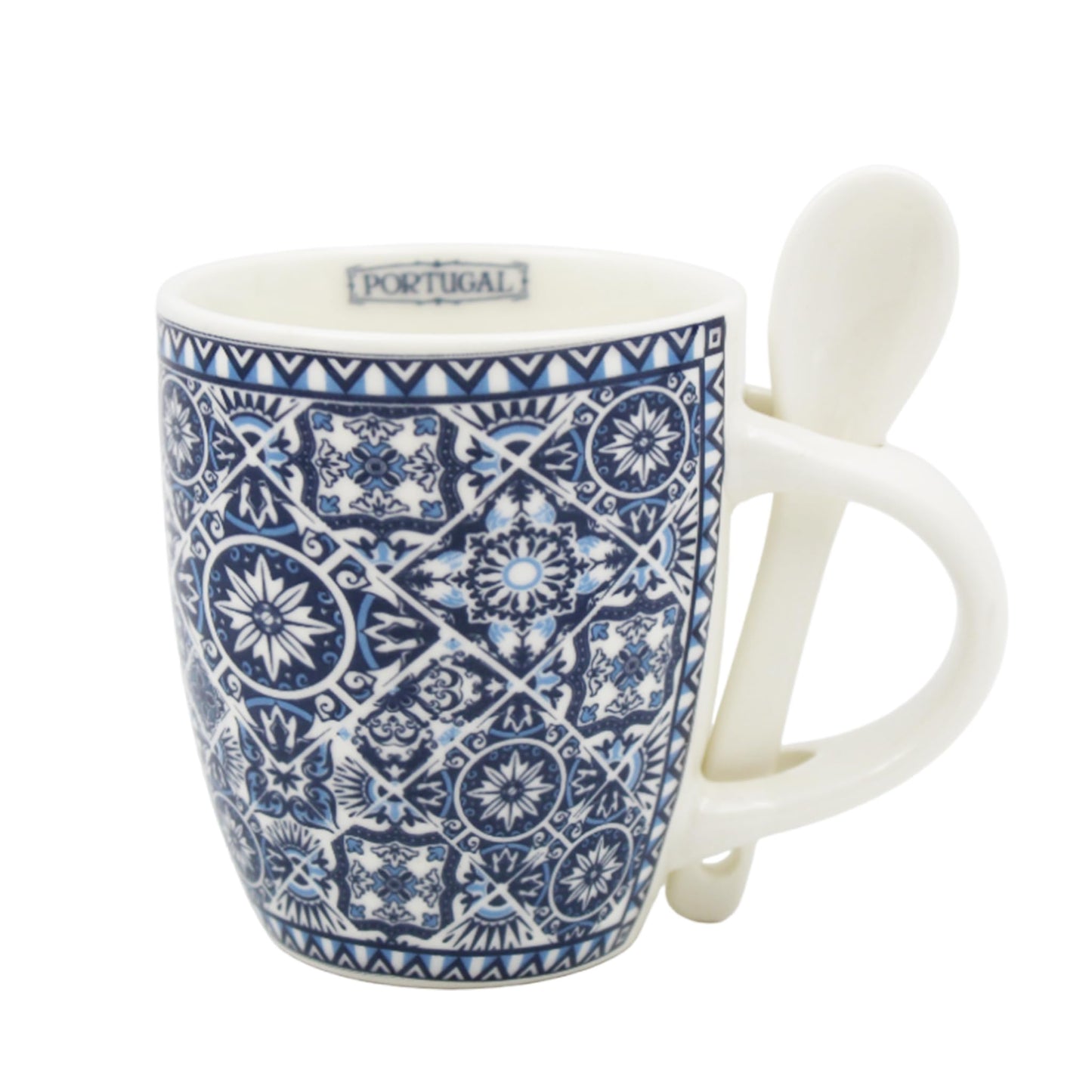 Portuguese Ceramic Espresso Cup with Integrated Spoon Set - Tile Azulejo Design - 4 oz Capacity, Microwave & Dishwasher Safe (Blue & White)