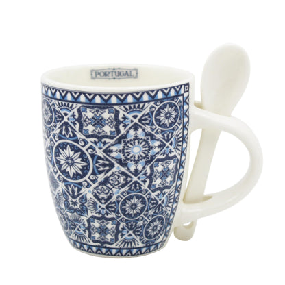 Portuguese Ceramic Espresso Cup with Integrated Spoon Set - Tile Azulejo Design - 4 oz Capacity, Microwave & Dishwasher Safe (Blue & White)