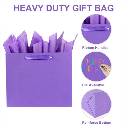 Elegant Purple Gift Bag 11.8"x4.5"x9.8" with Ribbon Handles, Includes Card and Tissue Papers, Perfect for Birthdays, Weddings, Parties, Holidays, Baby Shower