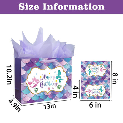 Laidans 13" Large Mermaid Happy Birthday Gift Bag with Handle, Tissue Paper and Card for Kids Girls (13in Purple)